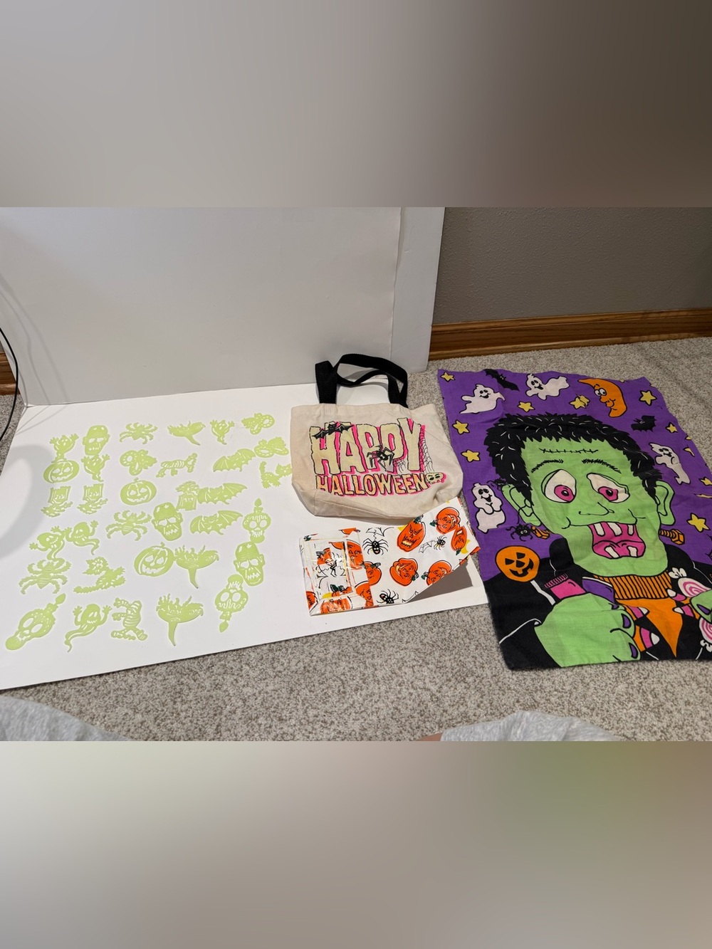 Vintage Halloween Decor Bundle Glow In The Dark Wall Clings Canvas Tote Bag